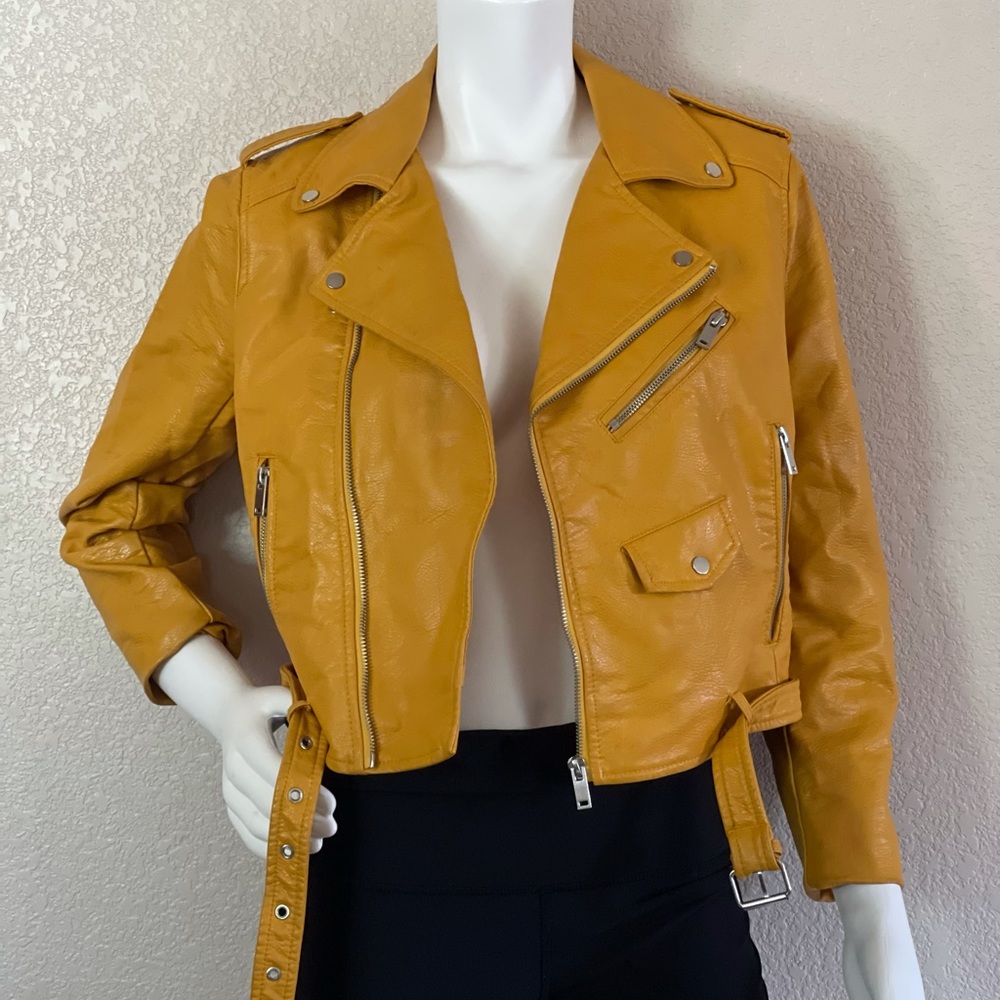 Zara Basic Mustard Yellow Cropped Vegan Leather Biker jacket